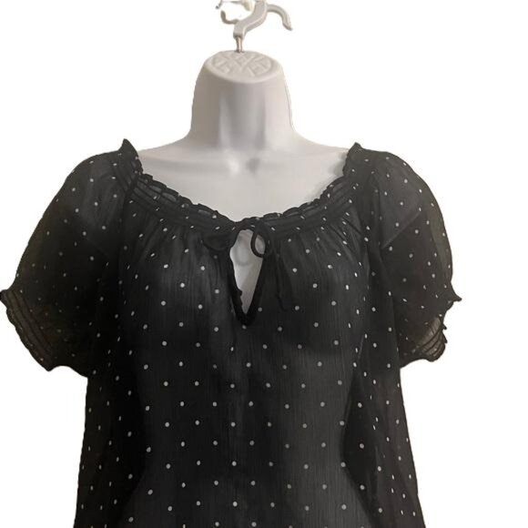 Hollister Black Polka Dot Smocked Off Shoulder Blouse Top Womens Size L - Picture 3 of 5
